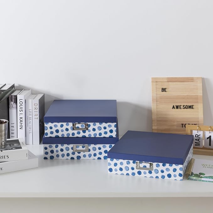 Soul & Lane - Decorative Storage Boxes with Lids, Set of 3, Blue Spots | Large Photo Keepsake Box Set for Organizing Documents and Memories, Cute Flat Nesting Cardboard Organizers for Scrapbooking - Image 4