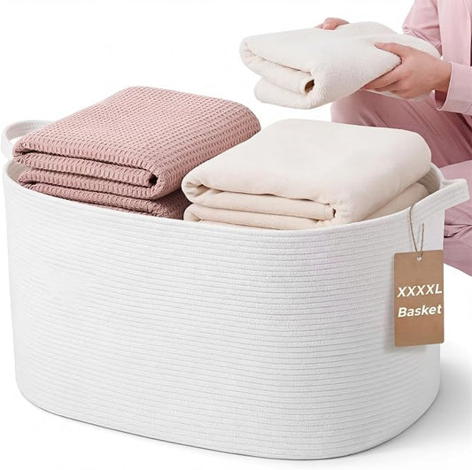 XXXXL 125L Extra Large Woven Blanket Basket, 25" x 18" x 17" Jumbo Cotton Rope Storage Basket with Handles Toy Storage Bins for Laundry Hamper Nursery Organizer Living Room Home(White) by Unknown