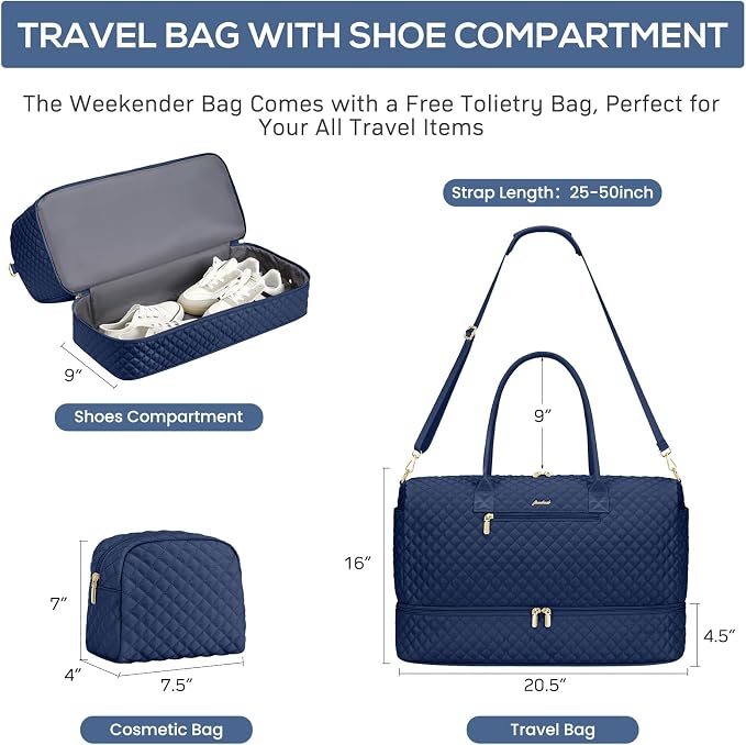 Travel Weekender Bags for Women - Carry on Overnight Bags with Shoe Compartment Duffle Bag with Laptop Pocket Hospital Bag for Labor Delivery Gym Tote Bag with Toiletry Bag Blue - Image 3