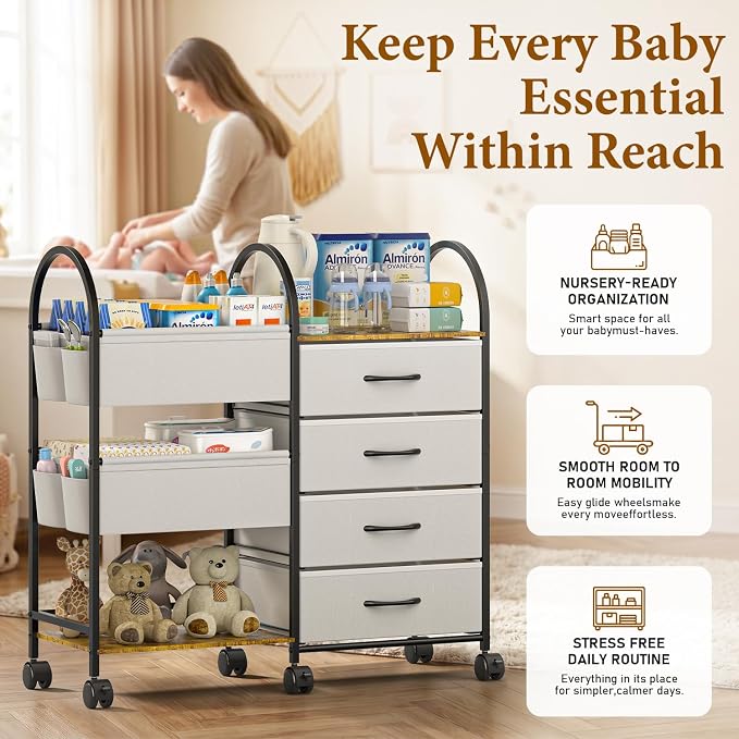 Baby Diaper Caddy Organizer Cart with Wheels, 4-Tier Rolling Diaper Cart with Dividers and Drawers, Multi-Layer Nursery Storage for Diapers & Baby Essentials - Image 3