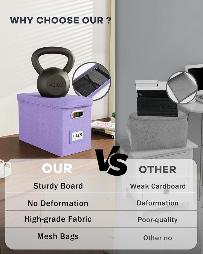 File Organizer Box with Lid, Hanging Filing File Box with Mesh Pocket, Document Organizer Box for Letter Files, Portable Storage Box with Smooth Sliding Rail for Office&Home (1 PCS, Lavender) - Image 3