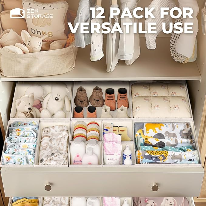 ZenStortage 12Pack Drawer Organizers Clothes, Linen Nursery Drawer Divider | Natural Cotton Linen Fabric, 3 Sizes for Flexible Combinations, Skin-Friendly Material, Foldable Zipper Design - Image 5
