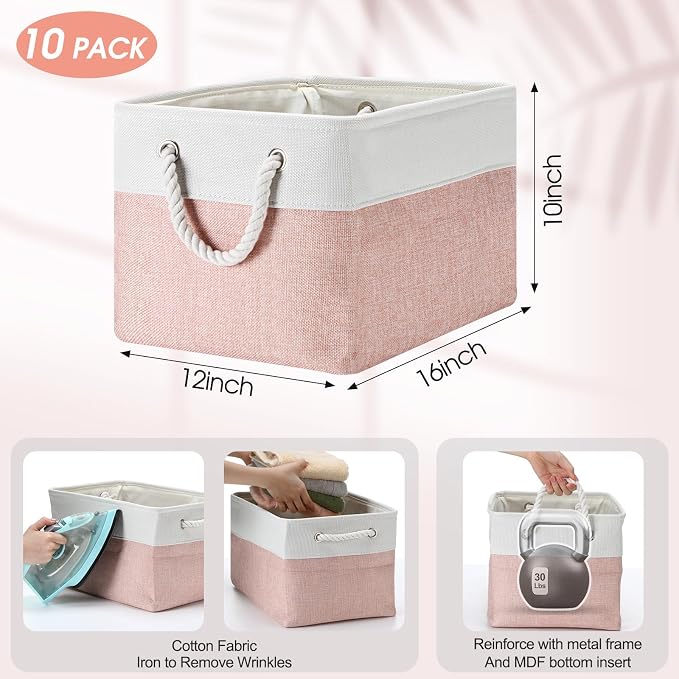 FoldTier 10 Pack Large Collapsible Fabric Storage Baskets with Handles Decorative Storage Bins for Organizing Shelves Toys Clothes (Pink & White,16 x 12 x 10 Inches) - Image 2
