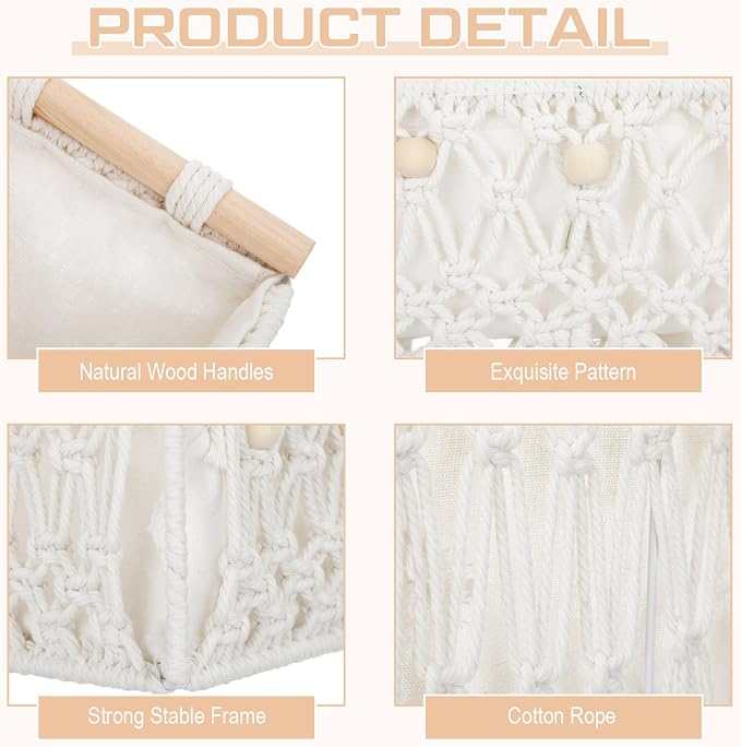 Vesici 4 Pcs Boho Macrame Storage Basket for Shelves 13" 11" Neutral White Storage Basket Hand Woven Box with Wood Handles Beads Decorative Countertop Toilet Cabinet Organizer for Home Decor - Image 3