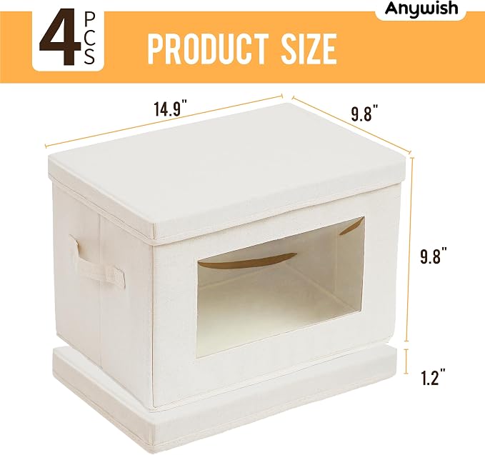 4-Pack 15" Fabric Storage Bins with Lids, Closet Organizers and Storage Boxes with Clear Window, Foldable Clothes Baskets for Blankets, Beige - Image 3