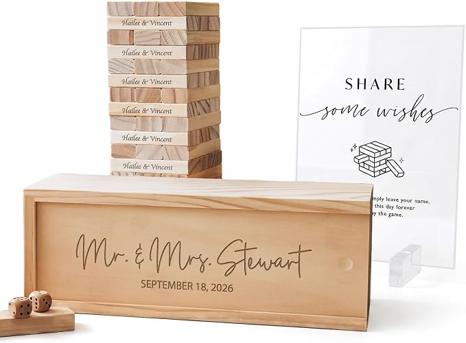 Personalized Wedding Jumbling Tower Guest Book, Engraved Box | Wooden wedding alternative with 54 signing blocks and a 10.6 x 3.9 x 3.54 in keepsake box for lasting memories by CustomVibes