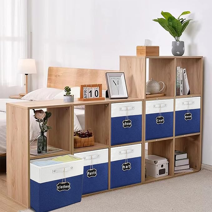 13x15x13 storage cube bins,Set of 4 Collapsible Fabric Storage Cubes with Labels,Linen Cube Storage Organizer Bins Kallax Storage Cubes for Organizing Home,Shelves,Cabinet,Clothes(White Blue). - Image 3