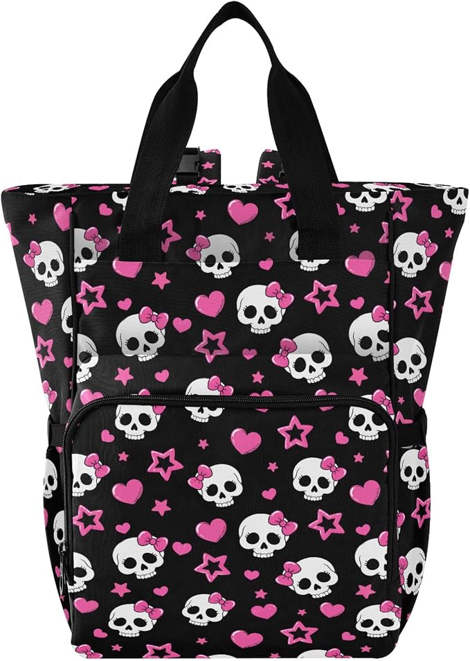 Mnsruu Diaper Bag Gothic Pink Hearts and Skulls Large Changing Backpack Multifunction Travel Tote Mommy Bag Baby Diaper Backpack for Mom Dad by MNSRUU