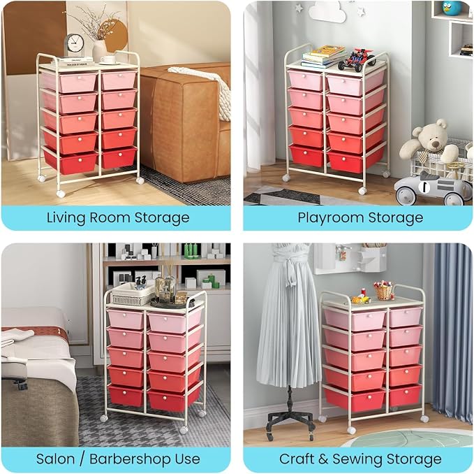 10 Drawer Rolling Cart, Storage Cart Organizer on Wheels, Drawer Cart with Metal Frame & Large Storage Capacity, Rolling Cart with Drawers for Living Room Classroom, Office - Image 9