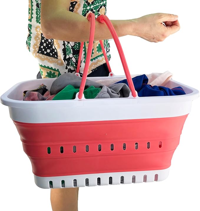 SAMMART 26L (6.8 Gallons) Collapsible Plastic Laundry Basket with Handle-Foldable Pop Up Storage Basket with handle (White/Coral Pink) - Image 6