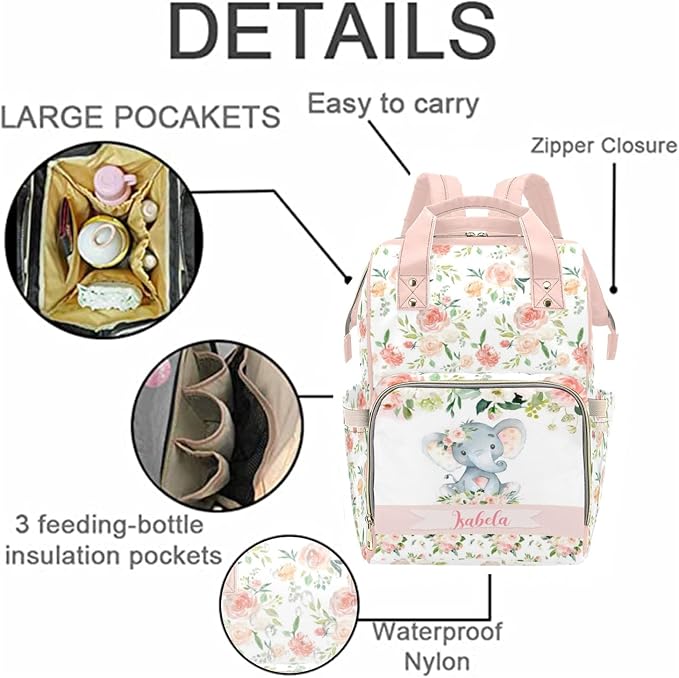 Custom Name Diaper Bag Customized Floral Elephant Mommy Nappy Bags with Multi Pocket & Large Capacity Personalized Nappy Changing Bag Nursing Mommy Daypack with Multi Pockets for New Mom - Image 5