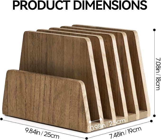 KIRIGEN Wooden Mail Organizer, 5-Slot File Holder for Desk, Brown 5K-DBR | Five Upright Compartments Sort Mail, Bills, Folders, Papers, Notebooks, and Envelopes; 9.84 x 7.48 x 7.08 In, No Assembly - Image 6