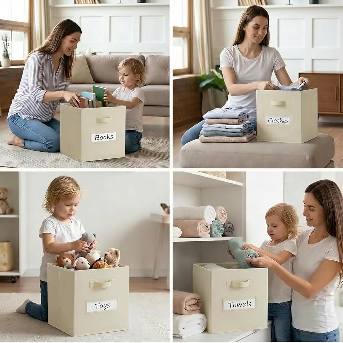 Storage Bins,11 Inch Cube Storage Bin with Labels,6pcs,Beige | Fabric Storage Cubes for Shelves,11 Inch storage cube bins with 6 Labels Window Cards & a Pen. - Image 6
