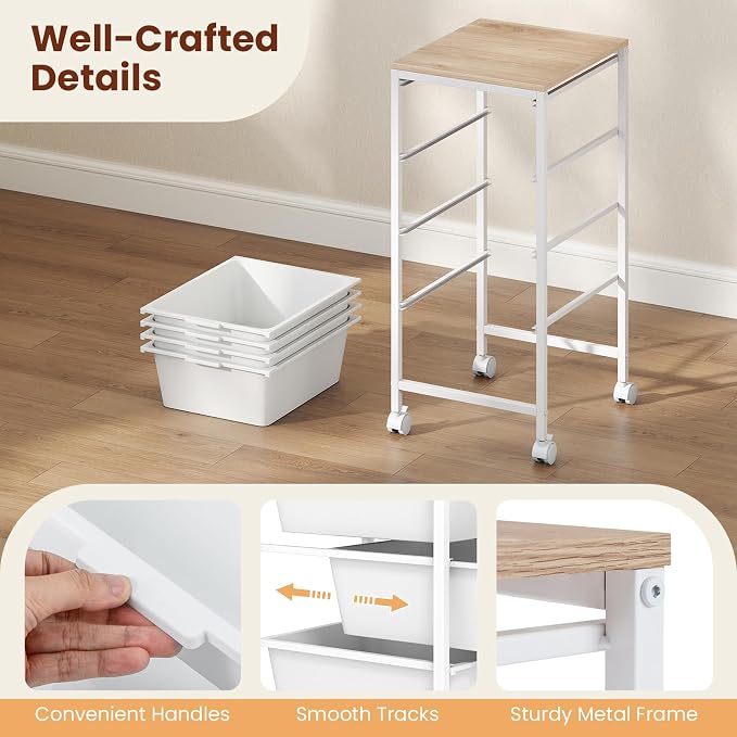 Giantex Rolling Storage Cart with 4 Drawers, Utility Cart w/Wooden Tabletop, Lockable Wheels, Multipurpose Organizer for Art Craft Scrapbook Paper, Drawer Carts for Dorm Classroom Office, White - Image 7