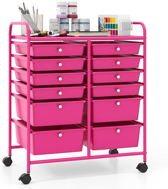 Giantex 12 Drawer Rolling Storage Cart Tools Scrapbook Paper Office School Organizer (Hot Pink) by Giantex