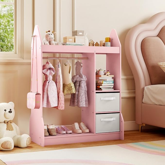 Costzon Kids Dress Up Storage with Mirror, Clothes Rack, Shelves, 2 Fabric Storage Bins, Pretend Play Costume Organizer, Open Hanging Wardrobe Closet Armoire Dresser for Bedroom Playroom - Image 8