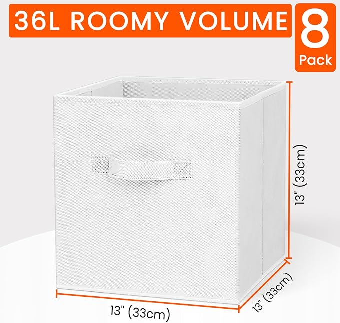 Storage Cubes - 13 Inch Heavy Duty Fabric Storage Bins for Shelves Closet Cube Organizer - 8 Pack Collapsible Cube Storage Bins Baskets for Clothes Blankets Toys - Nursery Organization (White) - Image 2