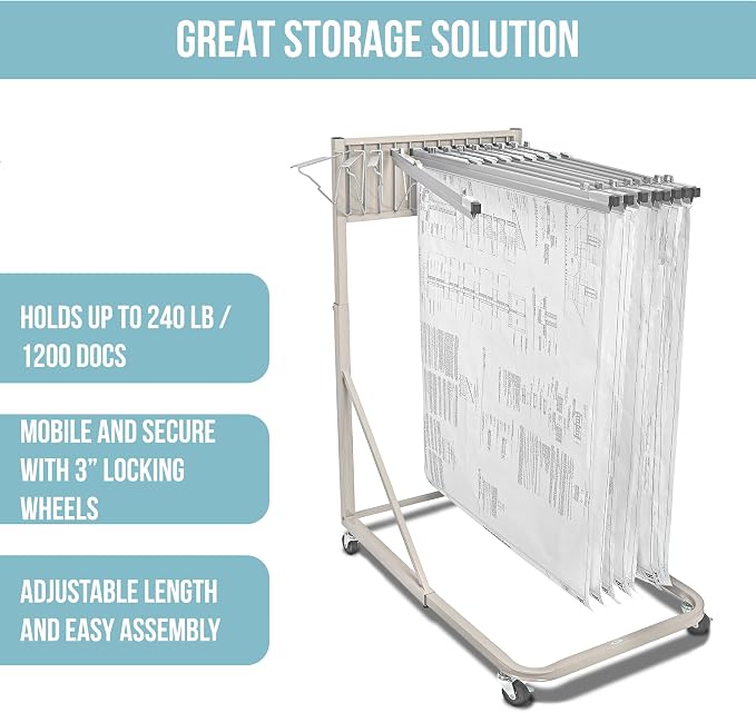 Adir Blueprint Rack and Clamps - 12 Pack of 30 Inch Blueprint Clamps and Mobile Blueprint Rack - Heavy-Duty Large Document Storage Solution for Blueprints, Posters, Maps, & Construction Plans - Image 5