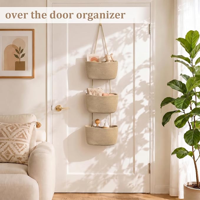 TeoKJ Over the Door Hanging Basket, 3-Tier Woven Cotton Wall-Mounted Storage Organizer Bag Decorative Hanging Nursery Baskets, Jute - Image 2