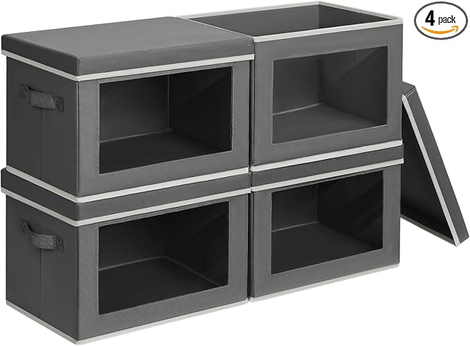 Stackable Storage Bins with Lids - Medium Storage Box with Lids, Foldable Closet Boxes for Organizing, Wardrobe Clothes Organizer with Window, Cubes Bins for Living Room, 4 Pack, Dark Grey by Homsorout