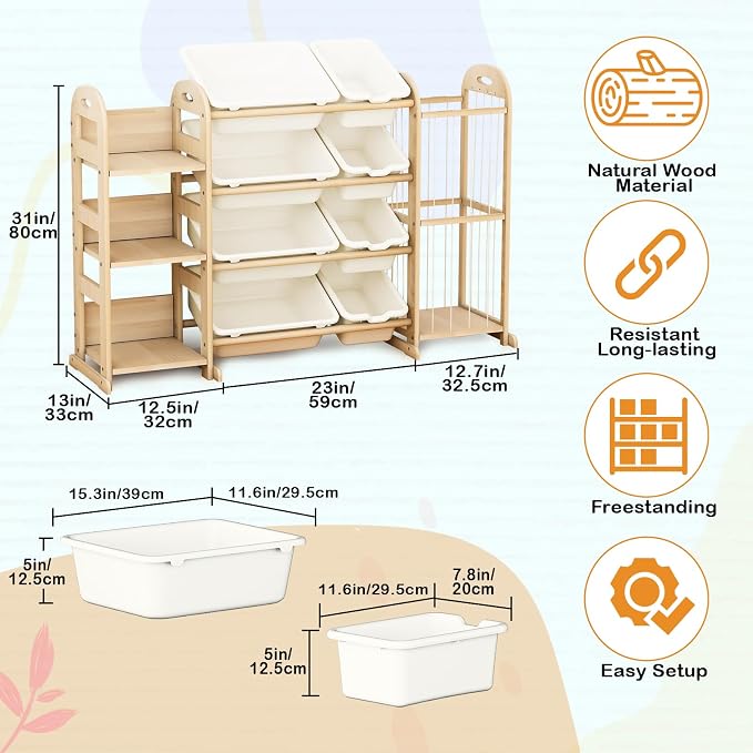 Wooden Toy Storage Organizer, Toy Organizers & Storage with Stuffed Animal Storage, Toy Storage Shelf with 3 Shelves, 8 Storage Bins, Kids Bookshelf, Toy Holder for Toddler Rooms, Playrooms, Bedrooms - Image 2