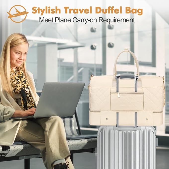 Travel Duffel Bag, Large Weekender Bag for Women with Shoe Compartment, Carry on Overnight Bag with Toiletry Makeup Bag, Gym Duffel Bag Travel Tote Bag for Travel Gym Camping Hospital, Beige - Image 5
