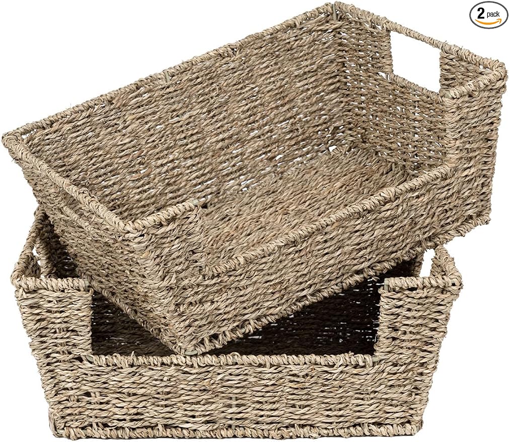 StorageWorks Pantry Baskets for Organizing, Storage Baskets, Seagrass | Pantry Baskets for Patato and Onion Storage, Stackable Wicker Basket Organizer for Shelf, Woven Basket for Storage, 2-Pack by StorageWorks
