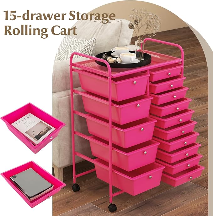 RELAX4LIFE 15-Drawer Storage Drawer Carts - Mobile Rolling Utility Cart w/Wheels, Craft Organizer for Classroom Organization and Storage, School, Office, Home, Storage Organizer Cart - Image 4