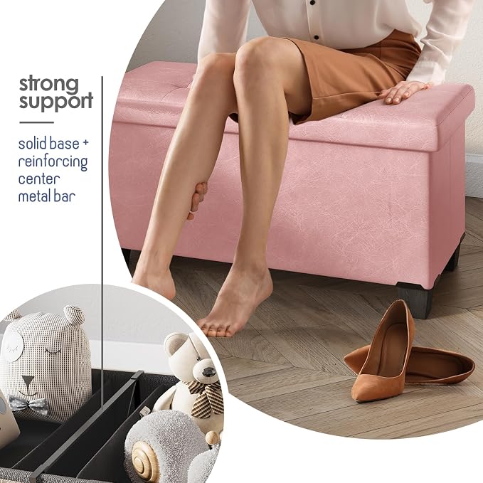 Storage Ottoman Bench with Bins, 30-in Storage Bench for Bedroom End of Bed, Folding Foot Rest Ottoman for Living Room Max 660lbs, Leather Ottomans, Pink - Image 5