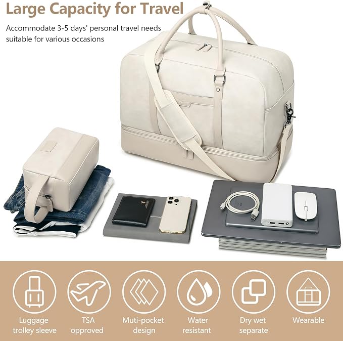 4-in-1 Waterproof Faux Leather Overnight Travel Bag for Women Men | Hospital Gym Weekender Bag Carry On Personal Item Travel Duffel Bags with Shoe Compartment Toiletry Bag Fit 21" Laptop - Image 3