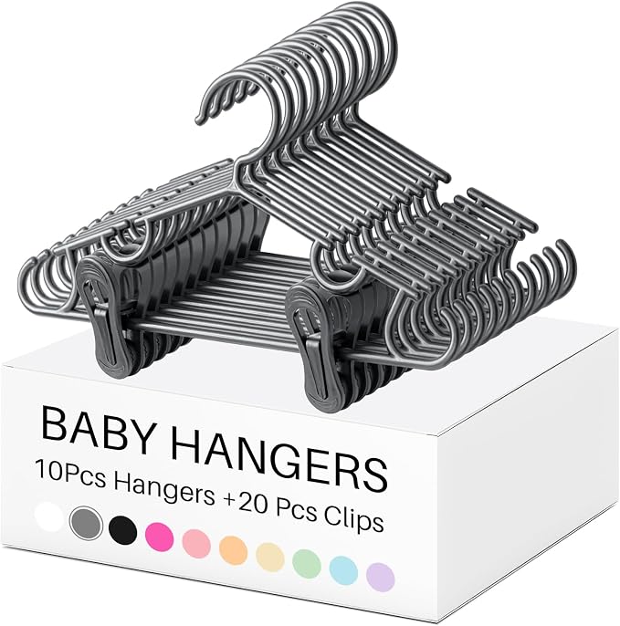 Hsei Baby Hanger with Clip for Pant,30 Packs Total,Gray,10.6 Inch | 10 Kids Plastic Hanger with 20 Clips for Newborn, Nursery, Daycare, Preschool, Closet, Wardrobe Organizer for Baby Shower by Hsei