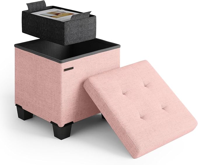 Storage Ottoman Cube with Small Bin, 15-in Square Ottoman with Storage for Living Room and Bedroom, Small Ottomans Foot Rest, Fabric Foot Stools Ottomans Max 330lbs, Pink by STORAGEBUD