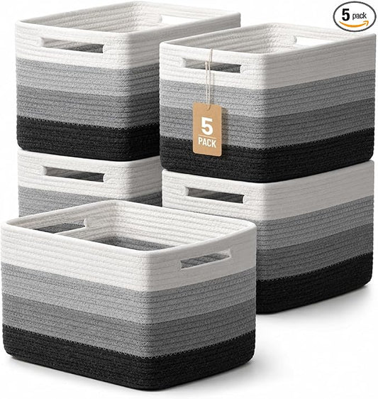 5 Pack Woven Storage Baskets, Decorative Storage Bins for Organizing | 13.8'' × 9.8'' × 7.9'', Cotton Rope Basket Organizer for Closet, Shelves, bathroom, Toys, Books, Pantry, Black/White Ombre by YILOBI