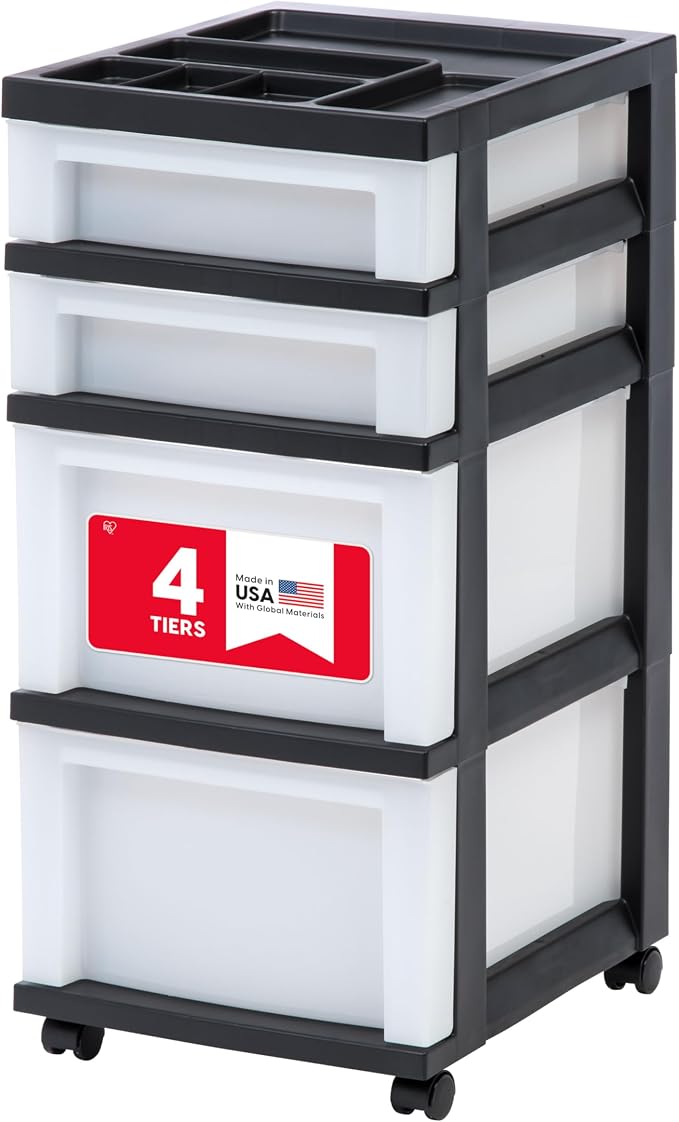 IRIS USA 4-Drawer Rolling Storage Cart with Organizer Top, Black/Pearl | Keep classroom supplies, teacher essentials, craft materials, and learning tools organized with easy-access drawers. by IRISUSA