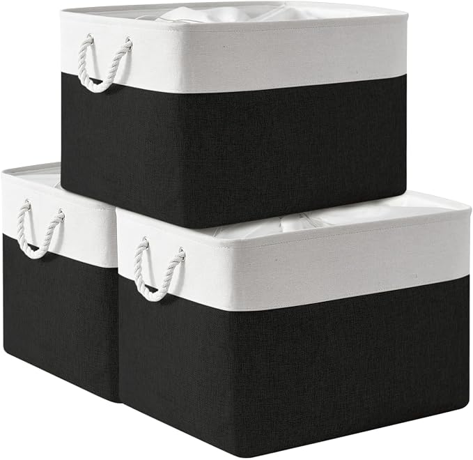 Organization and Storage for Shelves - Extra Jumbo 3 Pack 20.5x15.7x13.8 inch Fabric Storage Basket for Organizing, Storage Bins for Shoes Towel Blanket (White & Black) by TheWarmHome