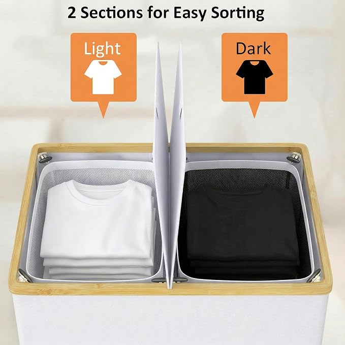 efluky Laundry Hamper with Lid, Double Laundry Basket with 2 Removable Bags, 2 Section Laundry Bin with Bamboo Handles for Bathroom, Bedroom & Laundry Room, 140L (36.9 Gallon) White - Image 2