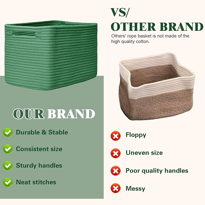 Storage Baskets for Organizing, 4 Pack Baskets for Shelves, Decorative Storage Bins for Shelves, Cotton Rope Storage Basket with Handles, Woven Basket for Storage, 13''Lx8.7''Wx7.9''H, Green - Image 4