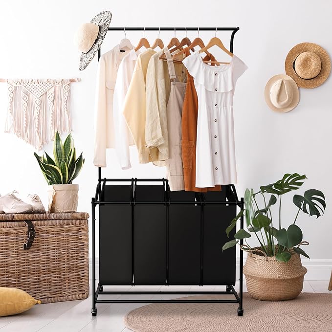 LUCKUP Laundry Sorter 4 Sections with Hanging Bar, 4 Bags Laundry Hamper Rolling Laundry Basket Cart with Lockable Wheels for Laundry Room Bathroom Bedroom, Black by LUCKUP