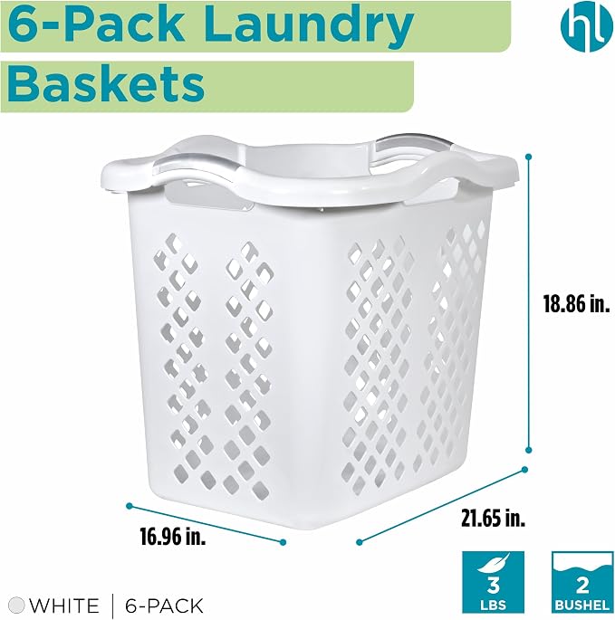 Home Logic 2 Bushel Plastic Laundry Basket Lamper, Large Laundry Hamper with Handles, Ventilated Clothes Organizer for Bedroom Bathroom Closet, 6 Pack, White - Image 2