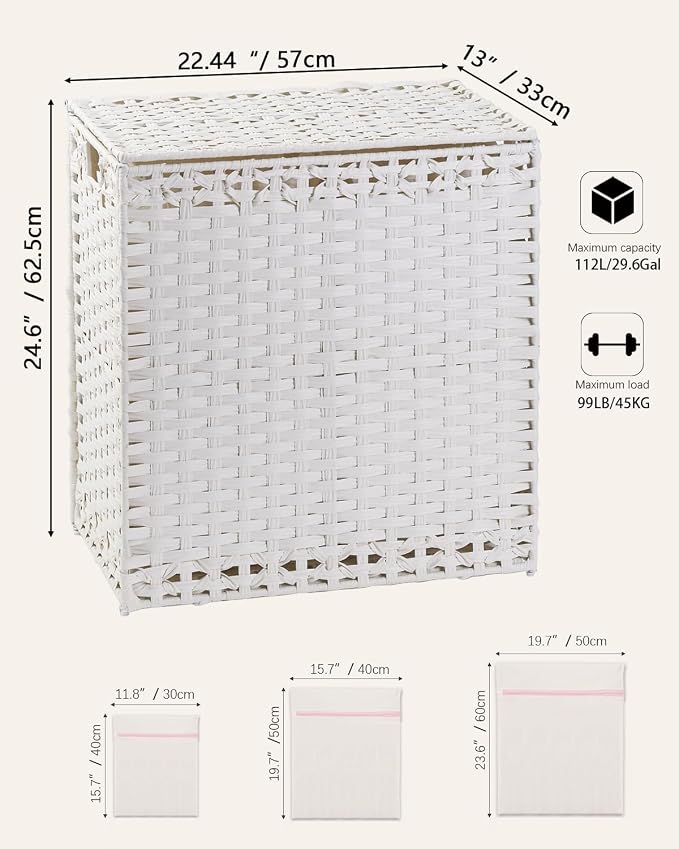 SETVSON Laundry Hamper with Lid Wicker Laundry Basket, White | Decorative Furniture Look for Bathroom & Bedroom, 3-Section Large Wicker Hamper, 3 Cloth Bags, 6 Mesh Bags Included - Image 5