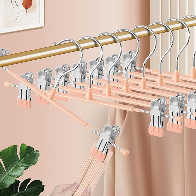 Pants Skirt Hangers with Clips, 20 Pack, Coral Pink, 12 Inch | Non-Slip,Adjustable metal wide clips,Space-Saving,Heavy duty, for pants/skirt/dress/trousers/jeans/shorts/leggings,Women by HWAJANClothesOrganizer