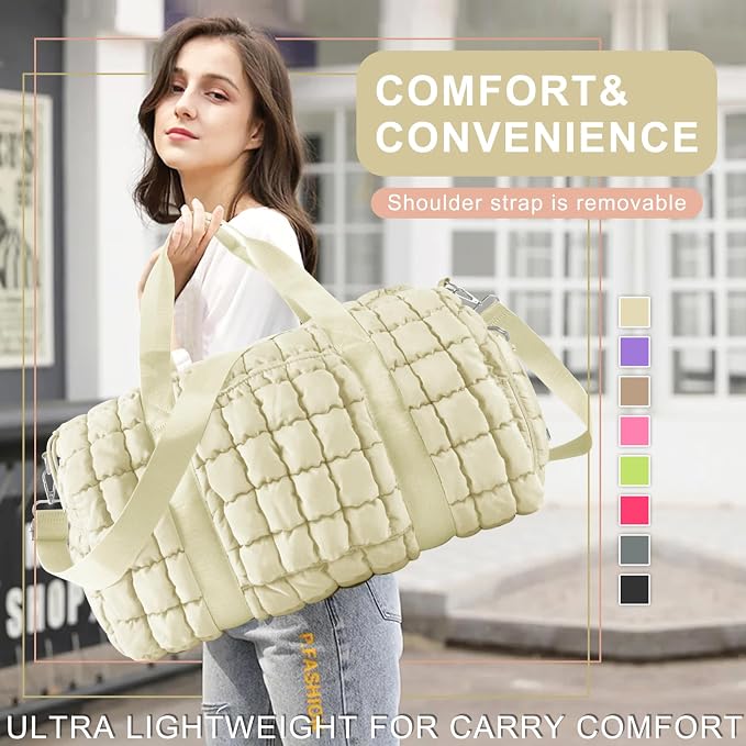 Quilted Travel Duffle Bag Gym Bag for Women,Large Puffer Duffle Weekender Bag with Compartment,Workout Overnight Carry on Organizer Bag Duffle Bag for Airplane Travel(Off-white) - Image 6