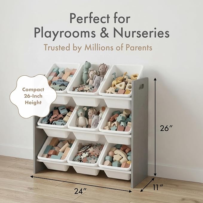 Humble Crew Kids Toy Organizer with 9 Bins, 3 Tier Storage for Playroom | Sturdy wood and steel toddler shelf, removable BPA-free containers, wall anchor anti-tip safety kit for bedroom or classroom - Image 3