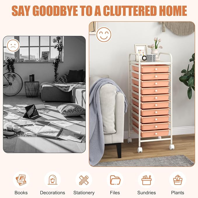 GOFLAME 10-Drawer Rolling Storage Drawer Cart, Utility Cart with Removable Drawers & Metal Frame, Mobile Art Craft Drawer Cart with Lockable Wheels for Home, Office, Studio, School, Peach Fuzz - Image 7