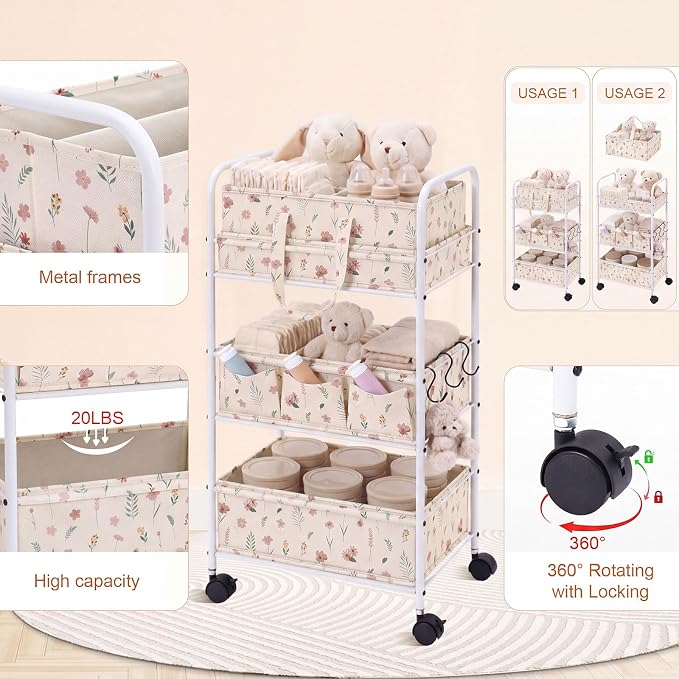 Yookeer 2in1 Baby Diaper Caddy Organizer Cart 3 Tier Large Capacity Metal Utility Bedside Rolling Cart with Divider Newborn Registry Gift Nursery Essential Must Have Bedroom Baby Shower(White,Flowers) - Image 3