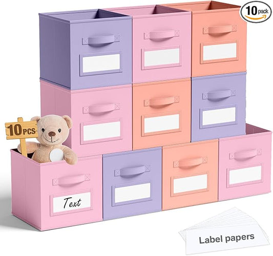 Teenyyou 10 Pack Fabric Storage Cubes 11 Inch Collapsible Cube Bins with Label Window & Handle Foldable Organizers Baskets for Shelf Closet Nursery Kids Room Clothes Book Toy(Gentle Pink Purple) by Teenyyou