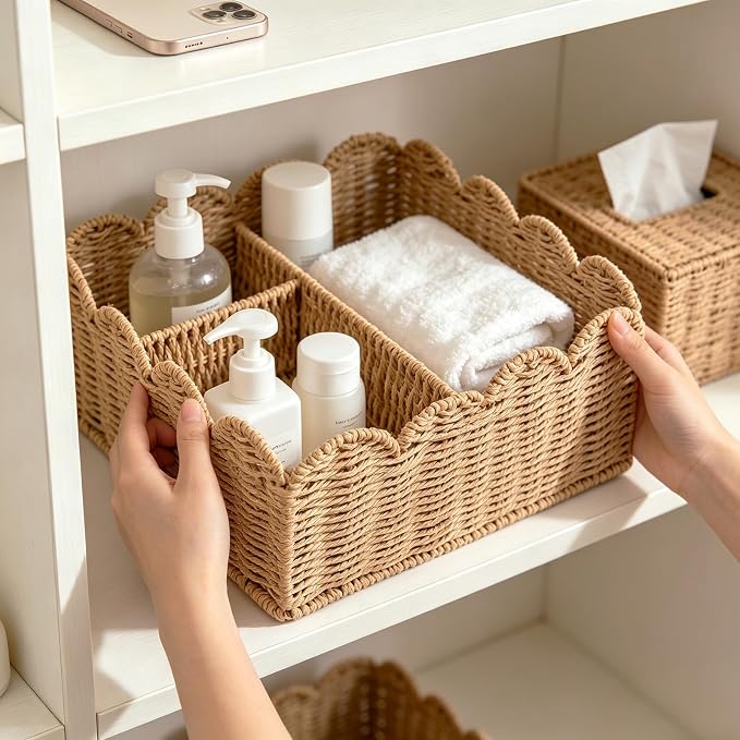 Rattan Divided Scalloped Basket,Wicker Diaper Caddy Scalloped Baske,Woven Natural Basket with 4 Dividers,Suitable for Baby Rooms, Bathrooms, Bedrooms (Paper Rope) - Image 2