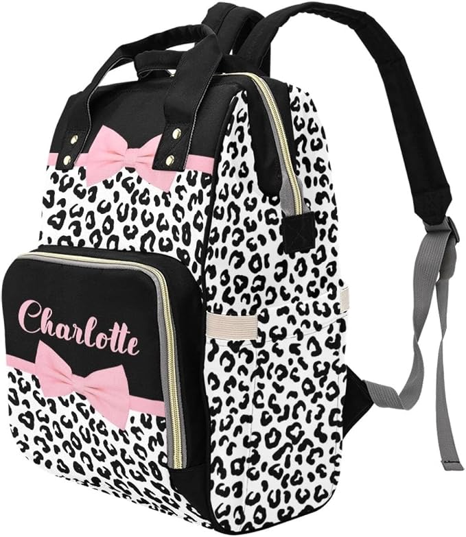 Pink Bow with Leopard Print Personalized Baby Diaper Bag – Custom Name Waterproof Nappy Backpack with Multi Compartments – Stylish Gift for Mom, Dad, Baby Shower & Outdoor Travel - Image 2