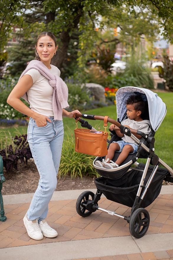 The Stroller Caddy, Premium Matte Faux Leather Stroller Organizer with Cup Holder, Brown Diaper Bag with Adjustable Stroller Straps, 2 Exterior Pockets 1 Zipper Pocket, 14x 5x 7 inches - Image 4