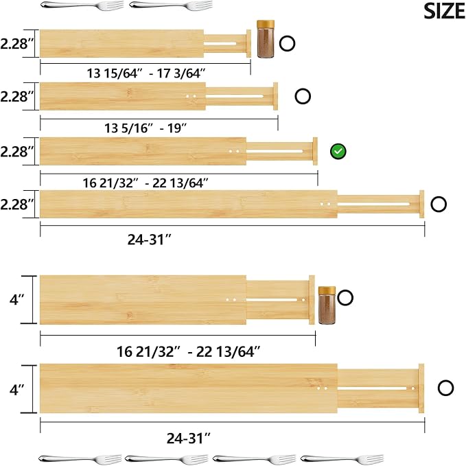 BAMEOS Bamboo Expandable Drawer Dividers – Fits 16.6"–22" Drawers, 2" High, Set of 4 | Spring-Loaded Bamboo Separator for Kitchen Island, Bathroom Vanity & Dresser Drawers - Image 2